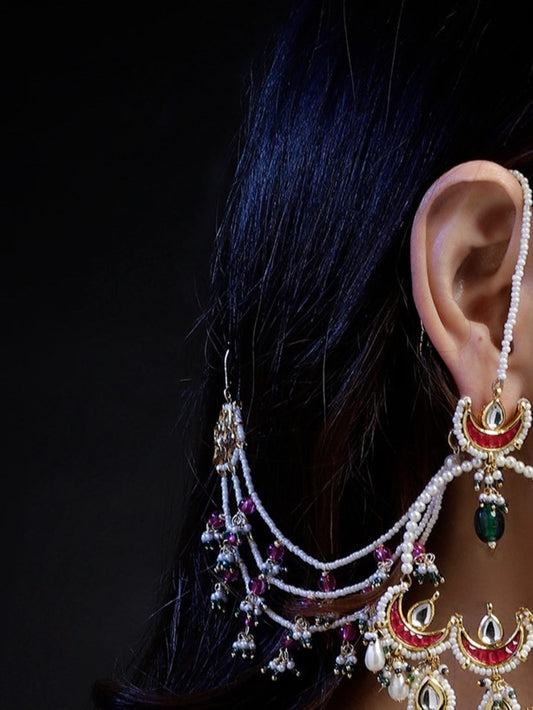 Pink and Green Kundan  Kanchain with Multilayer Pearl Strings from Dugristyle Ruhaniyat By Dugran