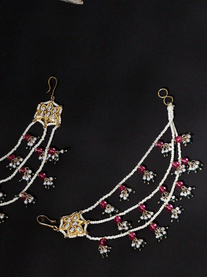Pink and Green Kundan  Kanchain with Multilayer Pearl Strings from Dugristyle Ruhaniyat By Dugran