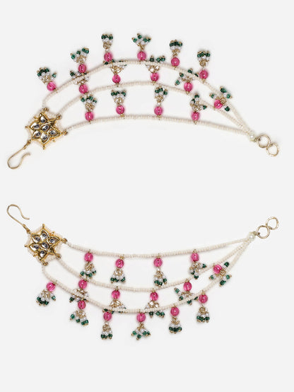 Pink and Green Kundan  Kanchain with Multilayer Pearl Strings from Dugristyle Ruhaniyat By Dugran