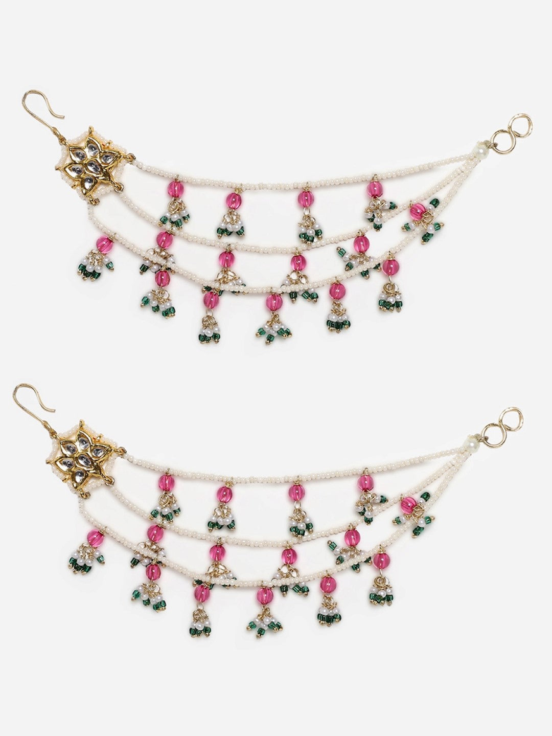 Pink and Green Kundan  Kanchain with Multilayer Pearl Strings from Dugristyle Ruhaniyat By Dugran