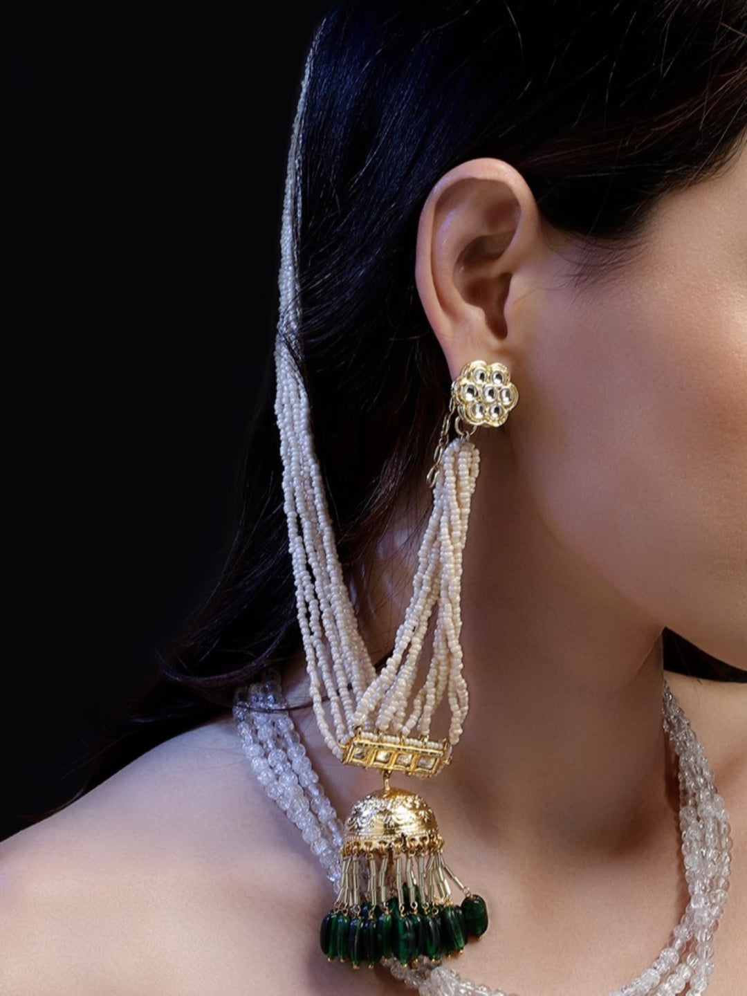Kundan  Kanchain with Multilayer Pearl Strings and Brass Jhumki