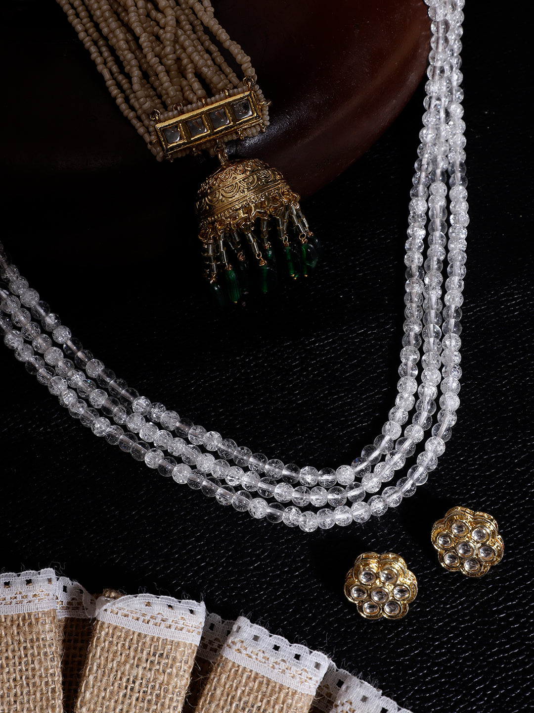 Green and Gold Kundan  Kanchain with Multilayer Pearl Strings and Brass Jhumki from Dugristyle Ruhaniyat By Dugran