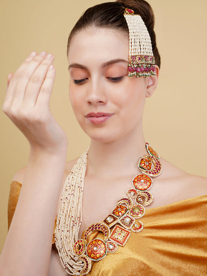 Pink and Red Kundan Passa with pearl work and Jadau tikras from Dugristyle Ruhaniyat By Dugran