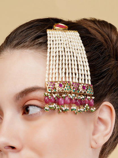 Pink and Red Kundan Passa with pearl work and Jadau tikras from Dugristyle Ruhaniyat By Dugran