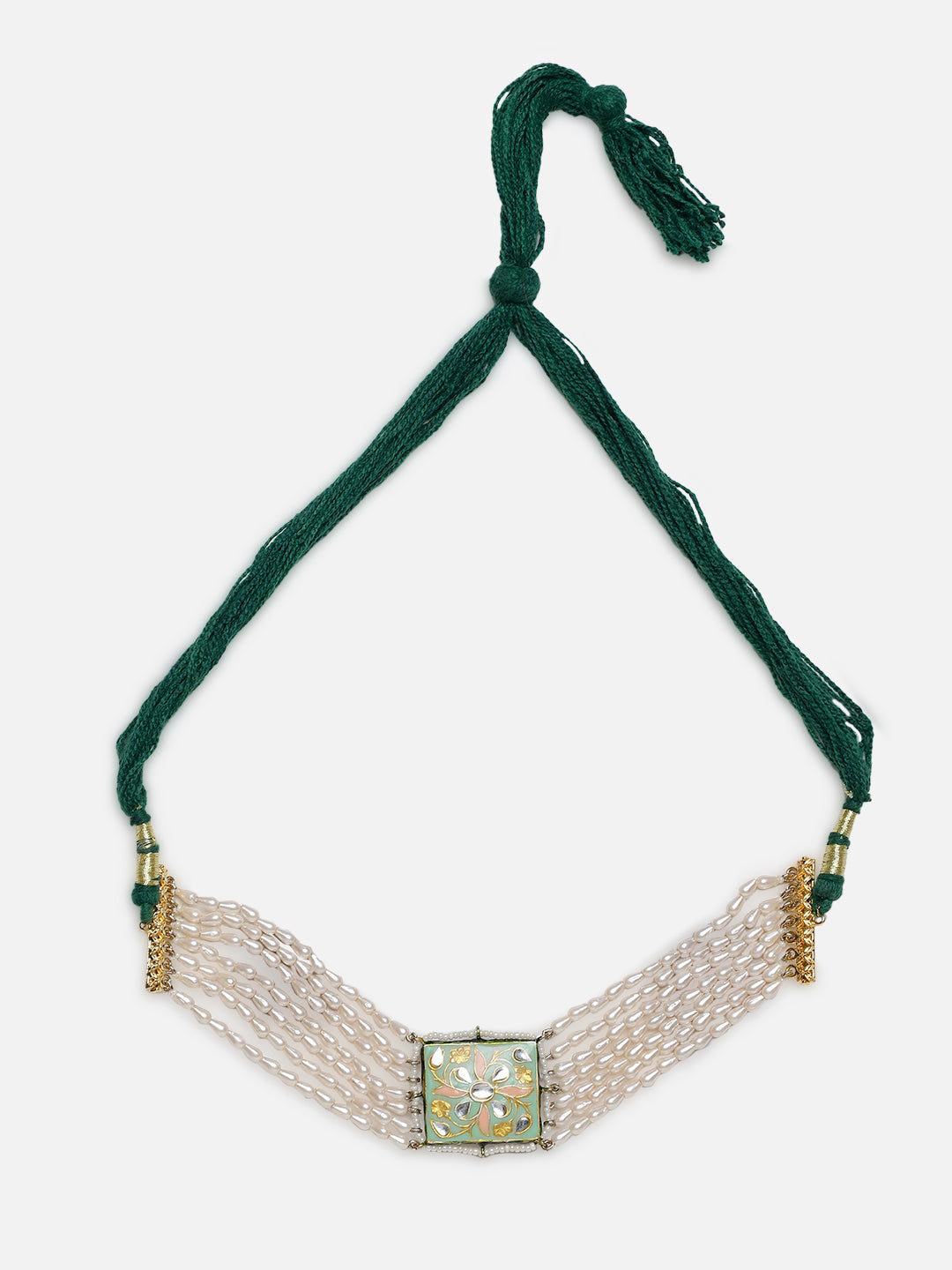 Green and Perach Meenakari Necklace with Pearls String and Adjustable Dori from Dugristyle Ruhaniyat By Dugran