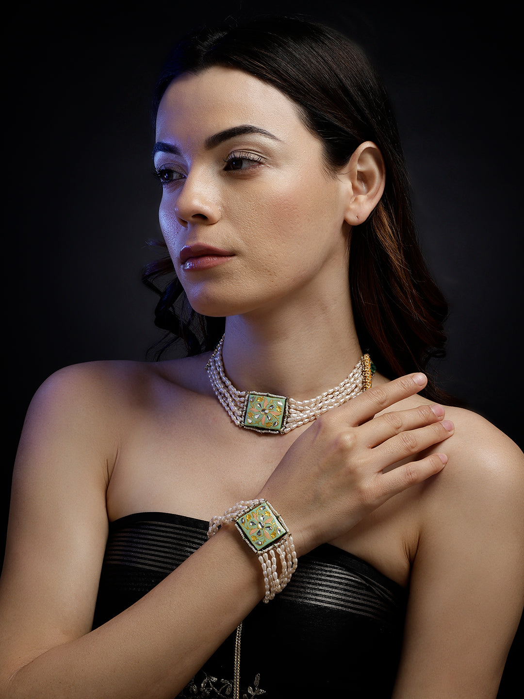 Green and Perach Meenakari Necklace with Pearls String and Adjustable Dori from Dugristyle Ruhaniyat By Dugran