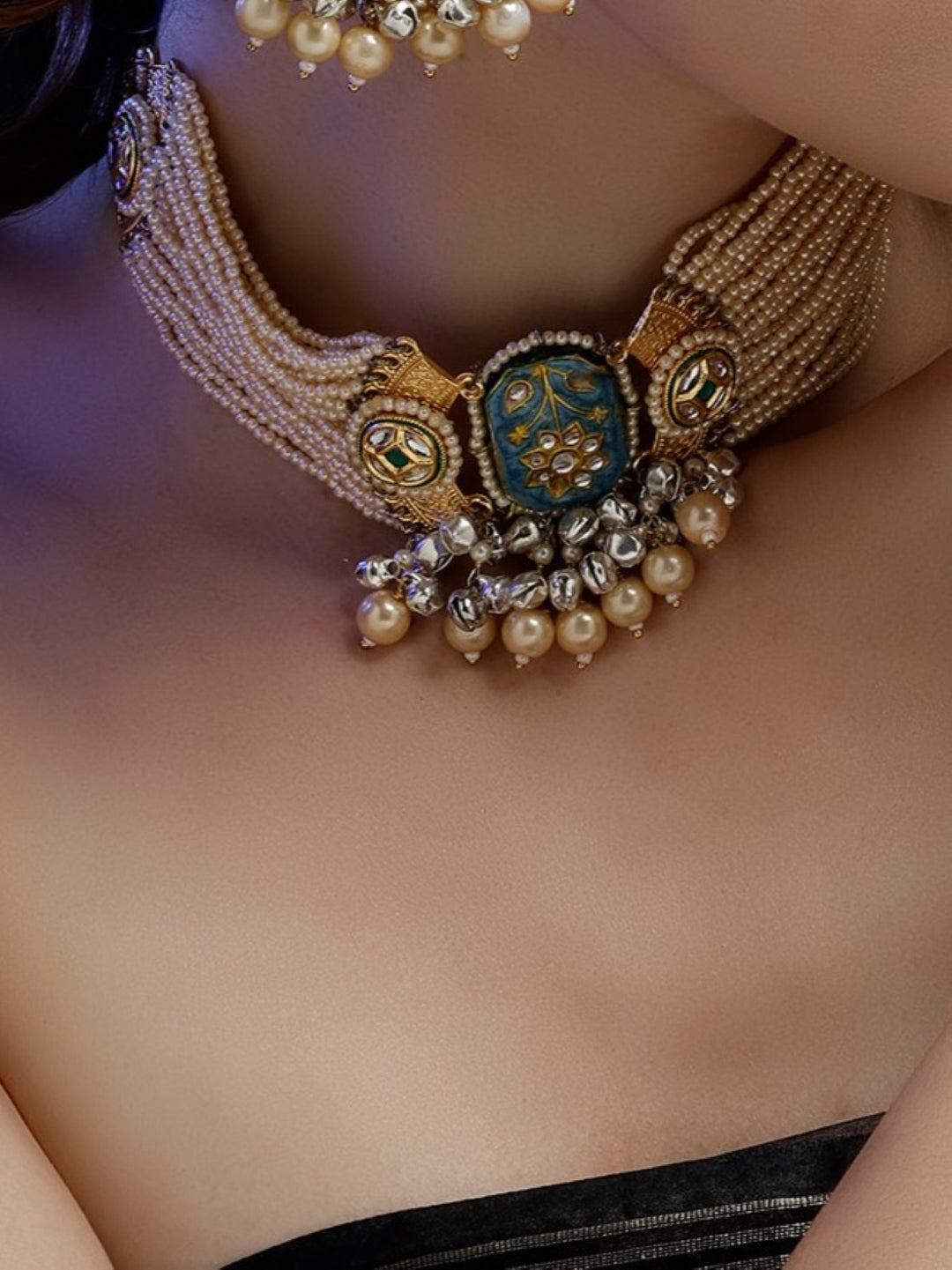 Meenakari Necklace with Pearls String and Adjustable Dori and silver Ghungroo