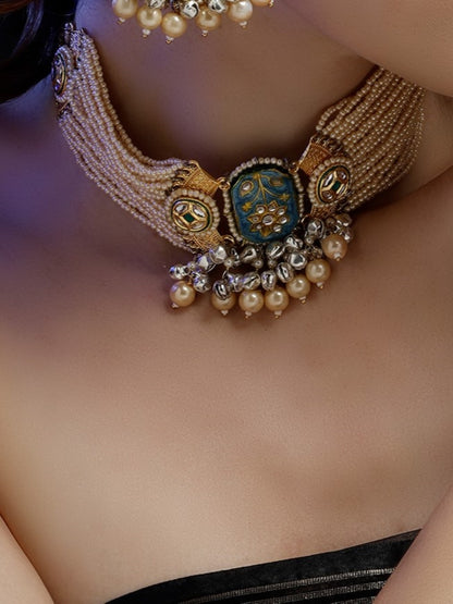 Meenakari Necklace with Pearls String and Adjustable Dori and silver Ghungroo