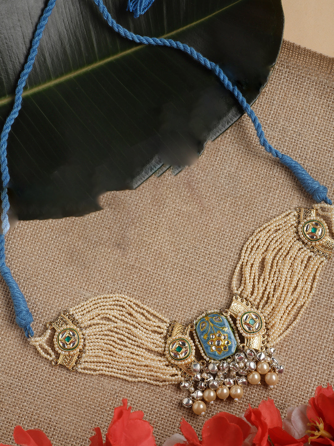 Meenakari Necklace with Pearls String and Adjustable Dori and silver Ghungroo