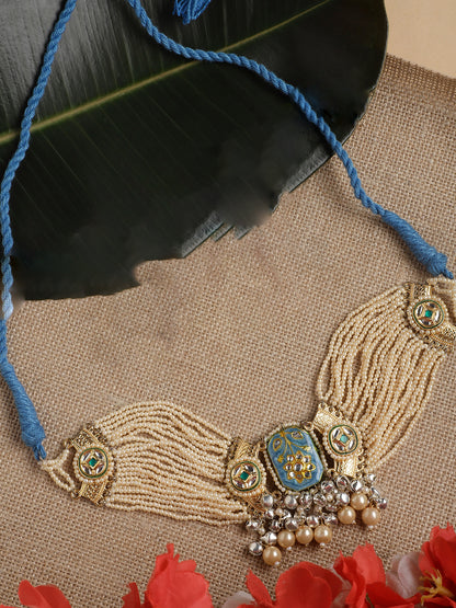 Meenakari Necklace with Pearls String and Adjustable Dori and silver Ghungroo