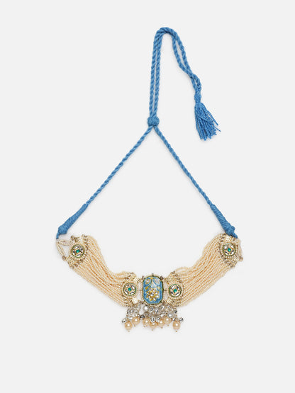 Meenakari Necklace with Pearls String and Adjustable Dori and silver Ghungroo