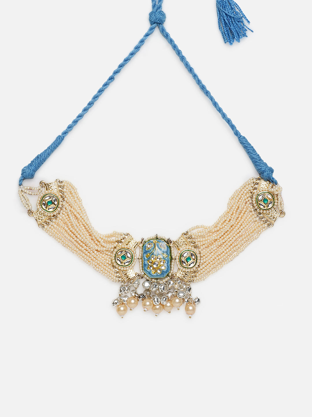 Meenakari Necklace with Pearls String and Adjustable Dori and silver Ghungroo