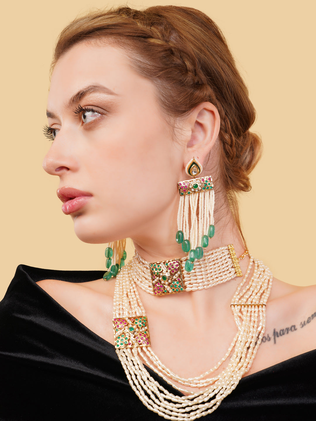 Red and Green Jadau Setting Choker with Pearl lines and Adjustable Chain from Dugristyle Ruhaniyat By Dugran