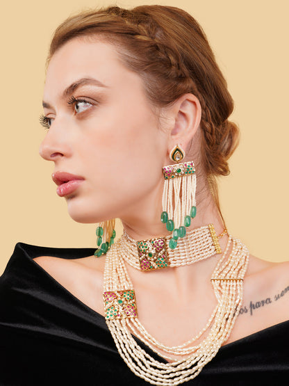 Red and Green Jadau Setting Choker with Pearl lines and Adjustable Chain from Dugristyle Ruhaniyat By Dugran