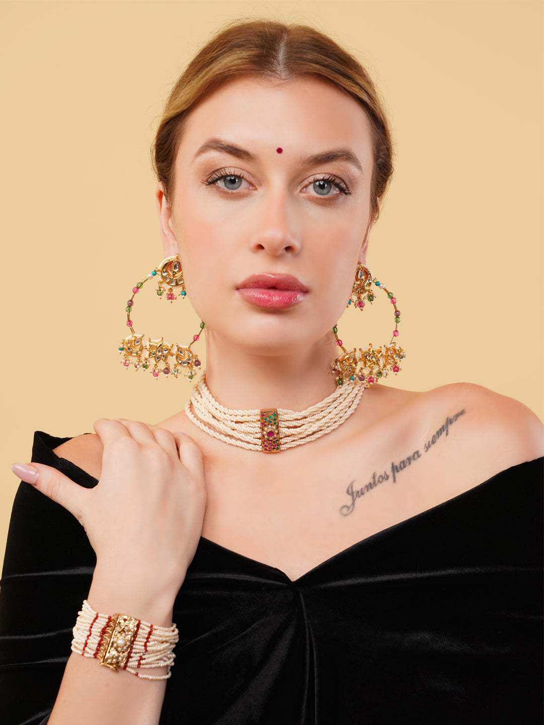 Jadau Choker with twisted pearls linesand adjustable handmade dori