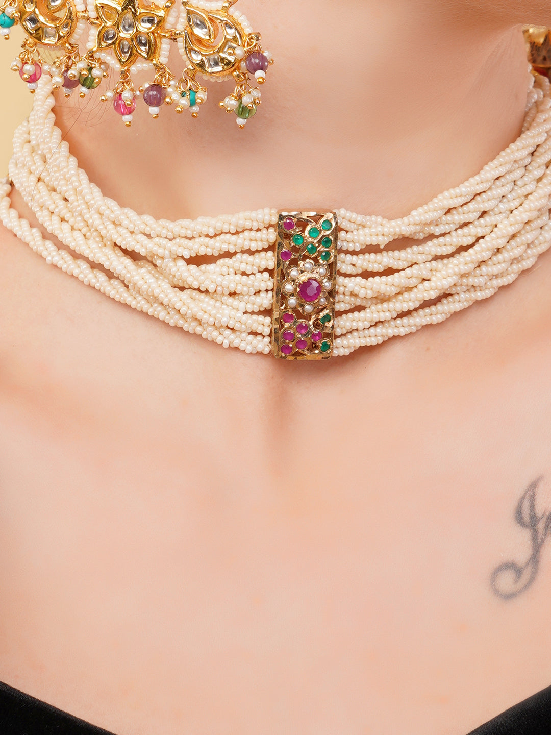 Jadau Choker with twisted pearls linesand adjustable handmade dori