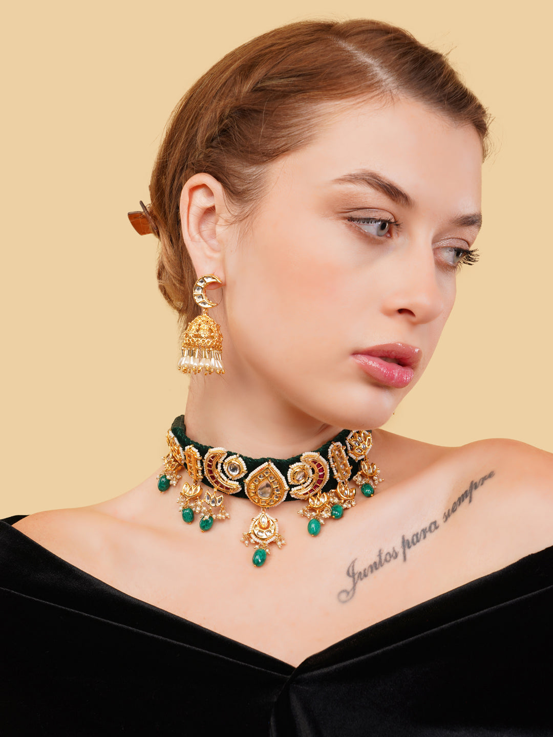 Green and Gold Kundan Chokar with handmade dori nad muti shape tikras from Dugristyle Ruhaniyat By Dugran