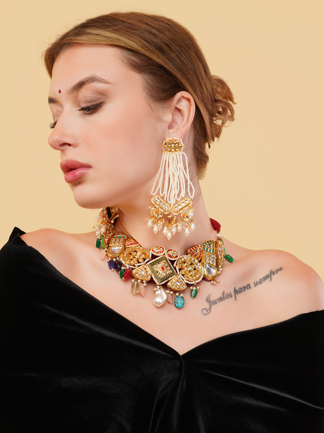kundan shaped Bird choker, with multishape tikras ans handmade dori