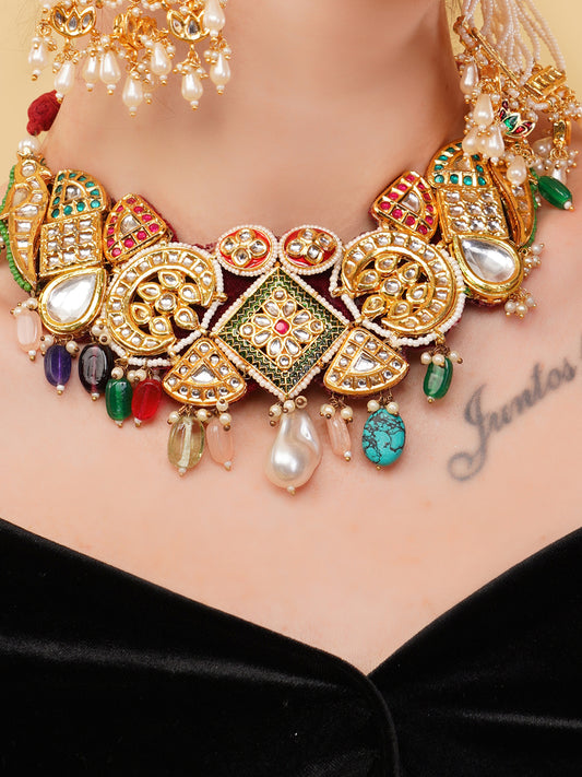 kundan shaped Bird choker, with multishape tikras ans handmade dori