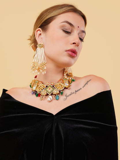 kundan shaped Bird choker, with multishape tikras ans handmade dori