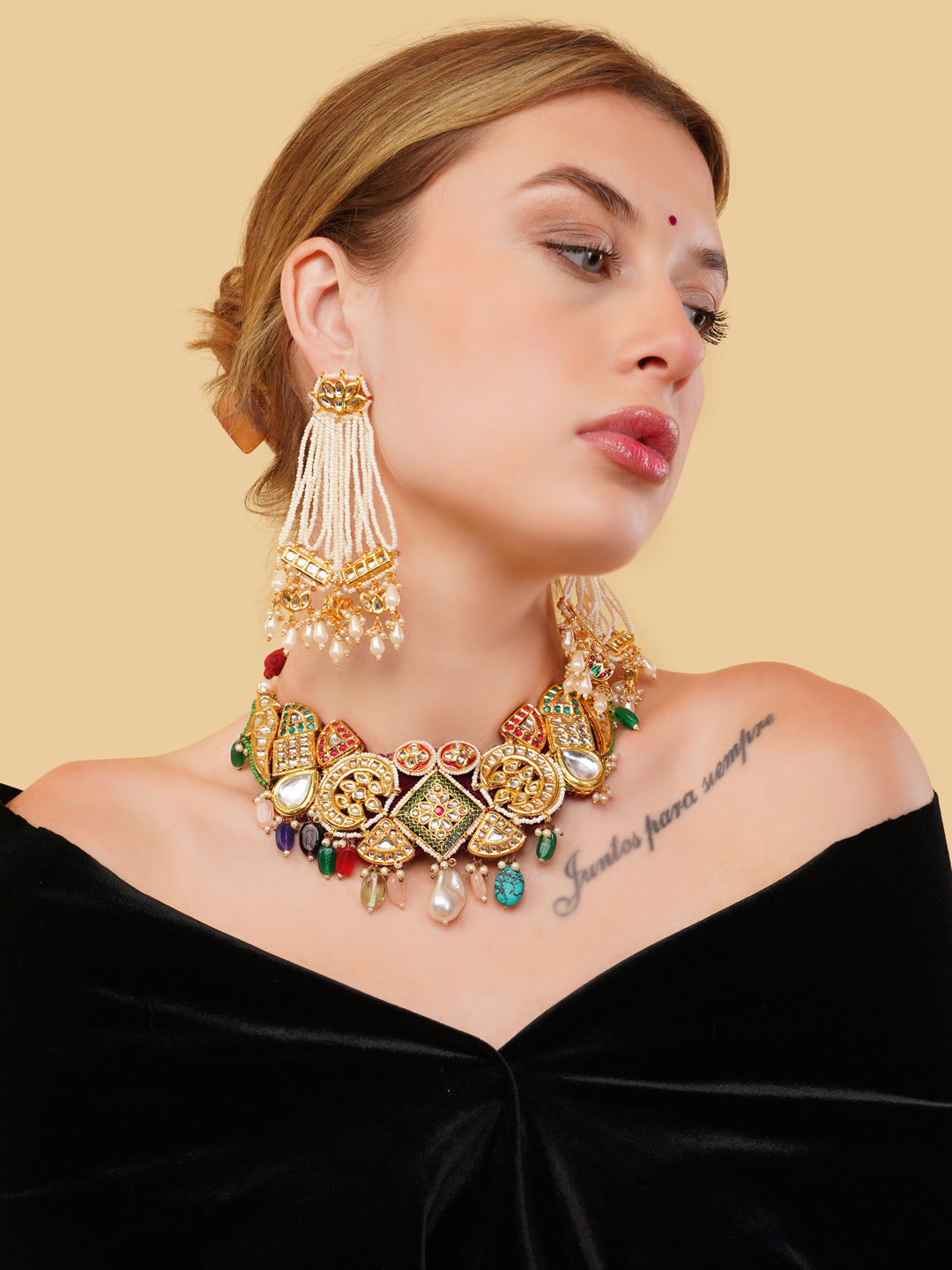 kundan shaped Bird choker, with multishape tikras ans handmade dori