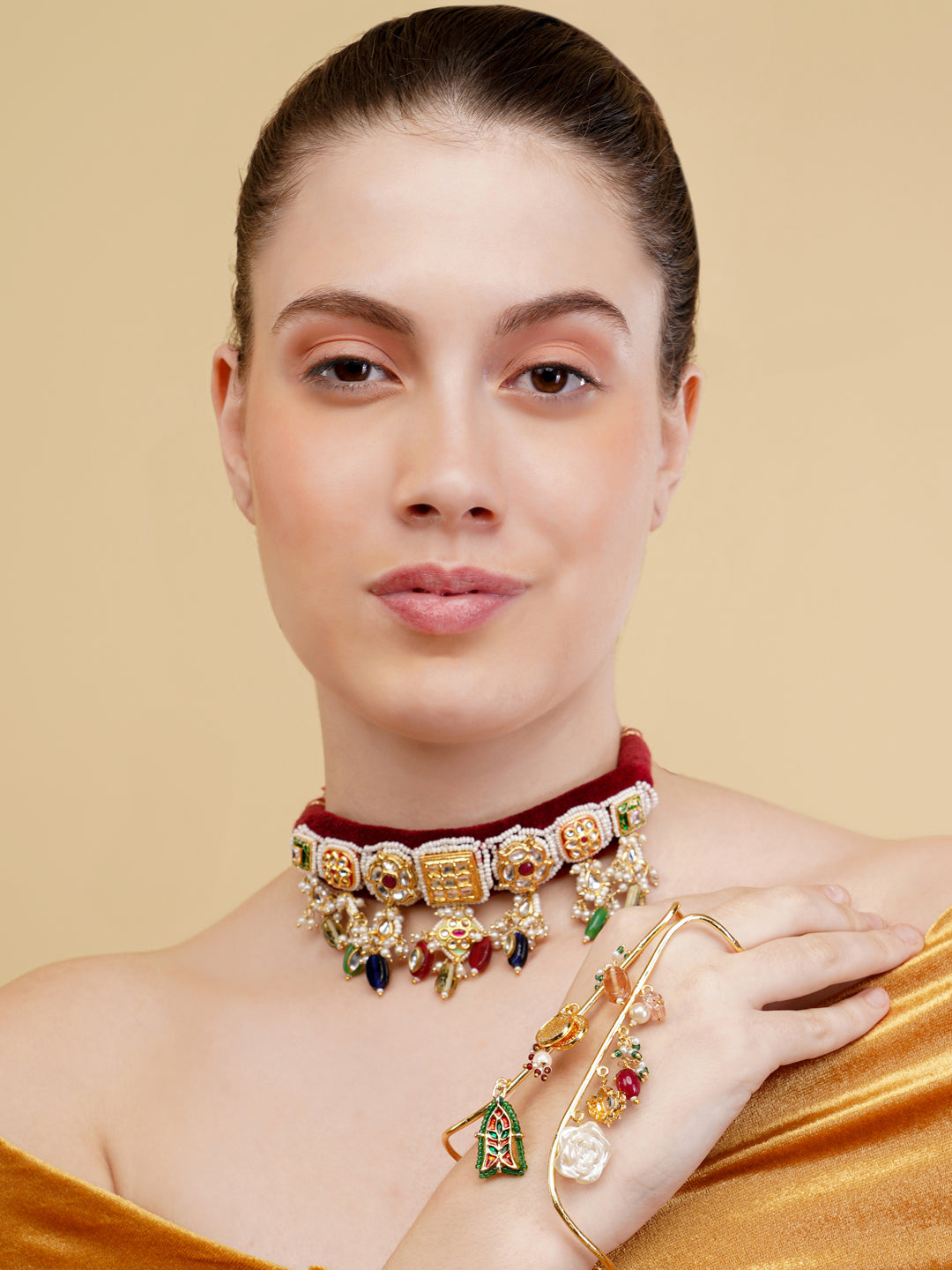 Kundan Choker with multishape tikras handwoven togather with hangings