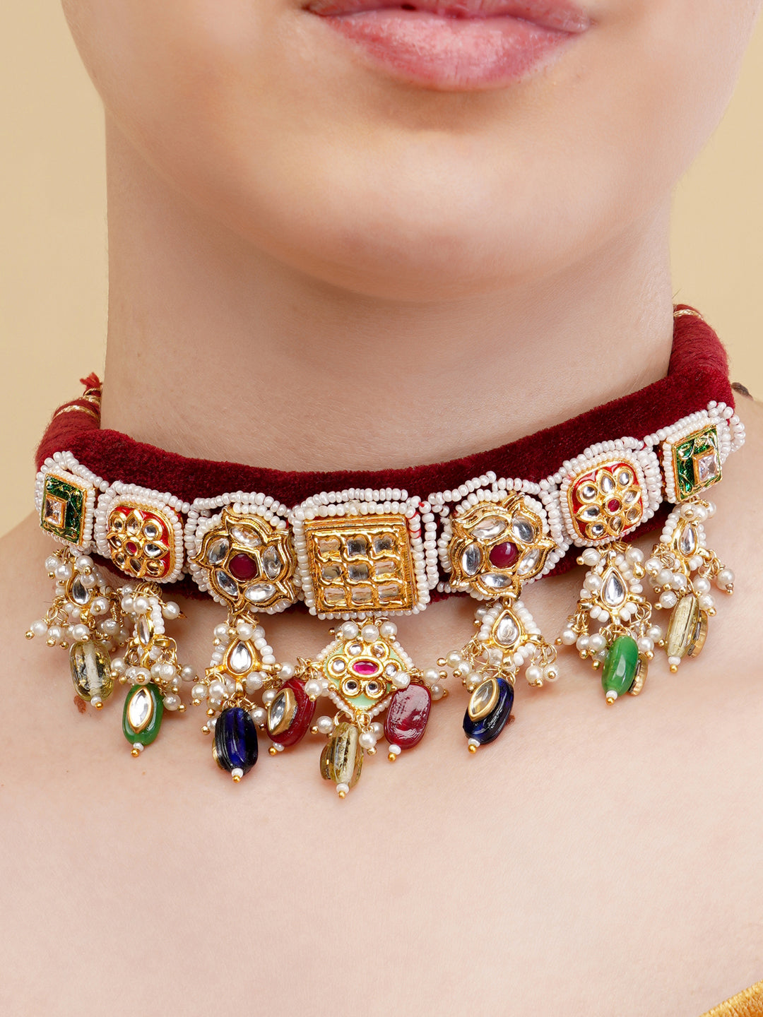 Kundan Choker with multishape tikras handwoven togather with hangings