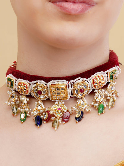 Kundan Choker with multishape tikras handwoven togather with hangings