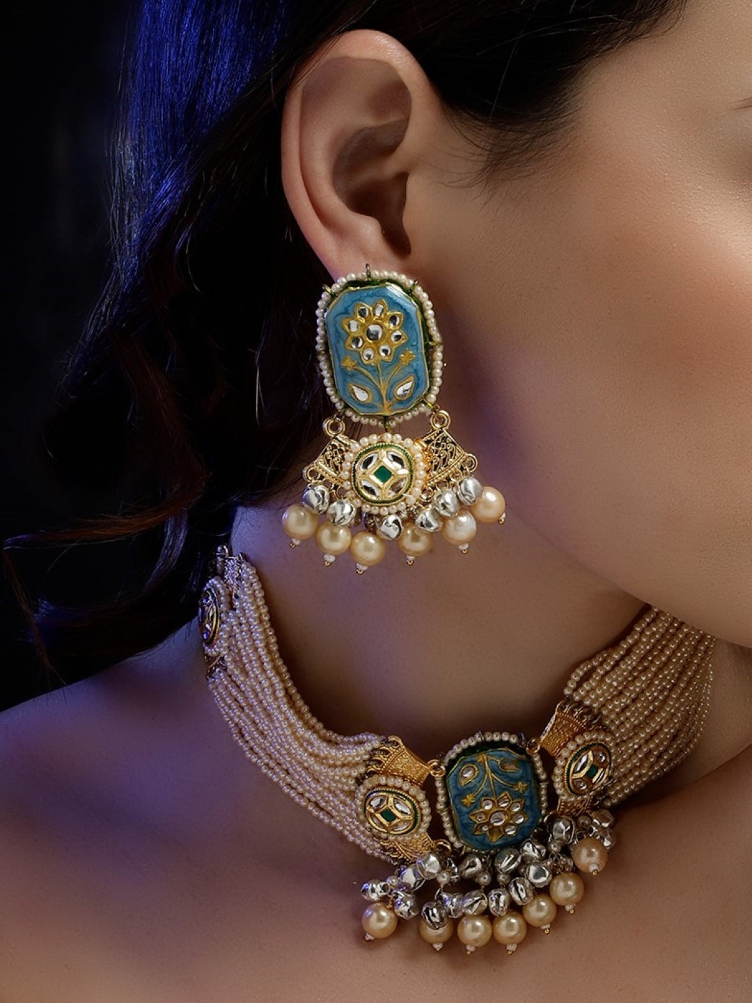 Meenakari Jewellery Set with Pearls String and Adjustable Dori and silver Ghungroo