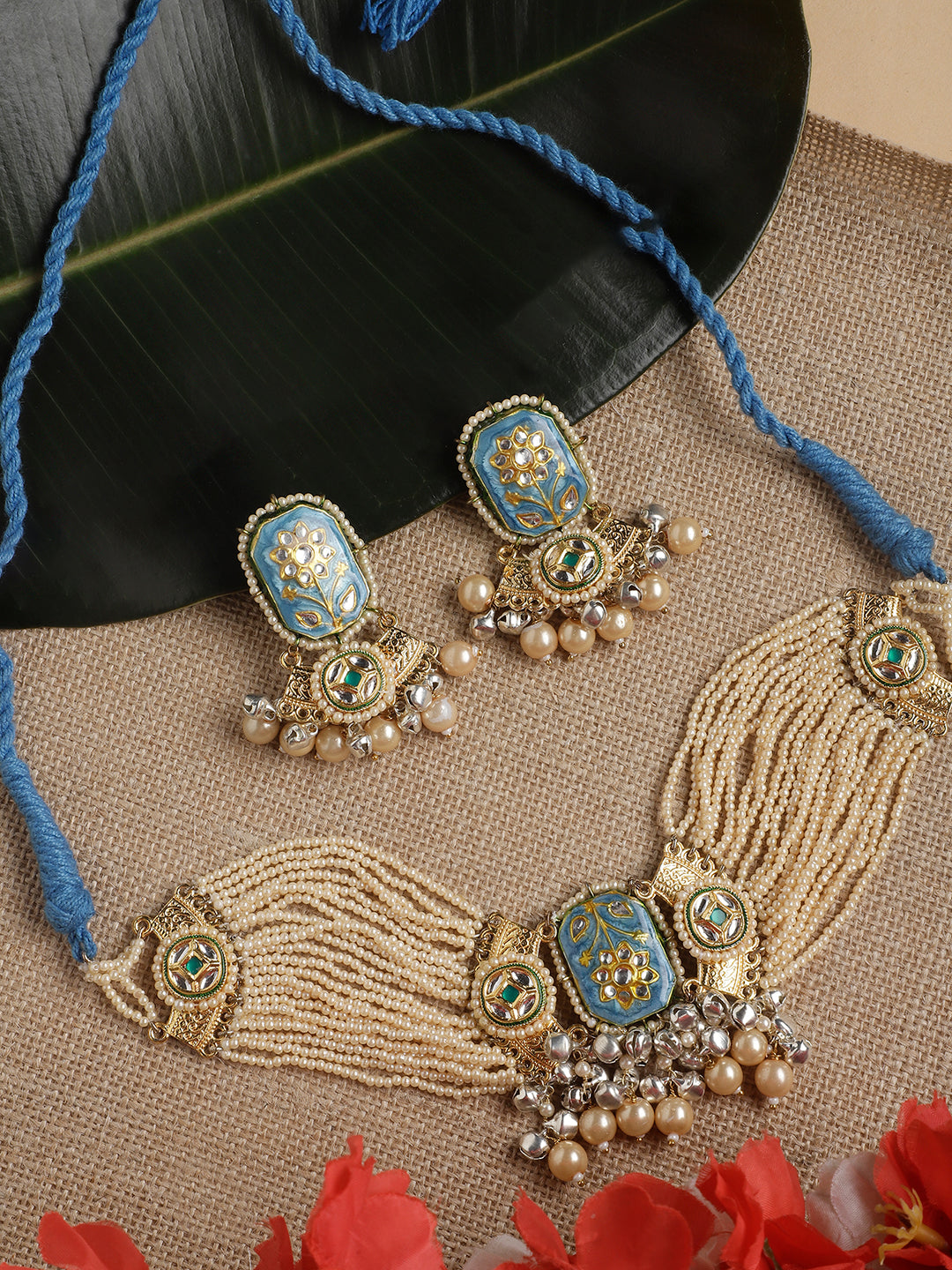 Meenakari Jewellery Set with Pearls String and Adjustable Dori and silver Ghungroo