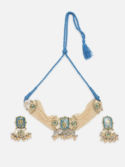 Meenakari Jewellery Set with Pearls String and Adjustable Dori and silver Ghungroo