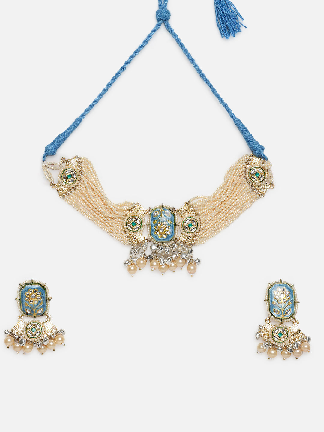 Meenakari Jewellery Set with Pearls String and Adjustable Dori and silver Ghungroo