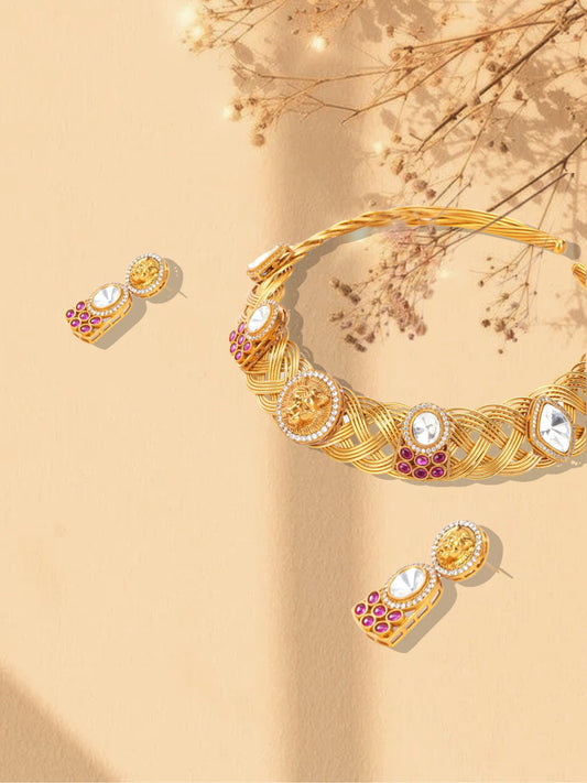 Maroon and Gold Tiger shape inspired choker with earrings having moissanite stones from Dugristyle Ruhaniyat By Dugran