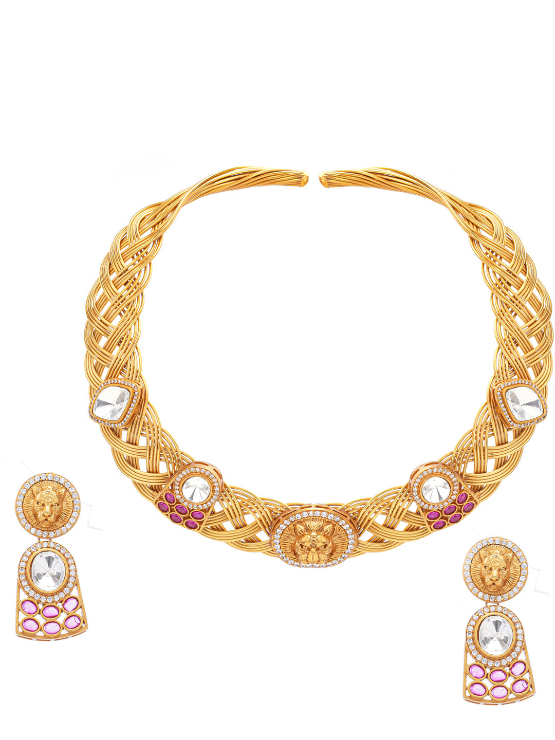 Maroon and Gold Tiger shape inspired choker with earrings having moissanite stones from Dugristyle Ruhaniyat By Dugran