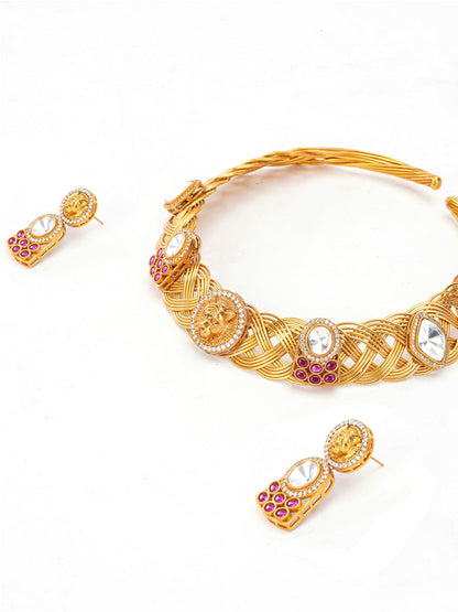 Maroon and Gold Tiger shape inspired choker with earrings having moissanite stones from Dugristyle Ruhaniyat By Dugran