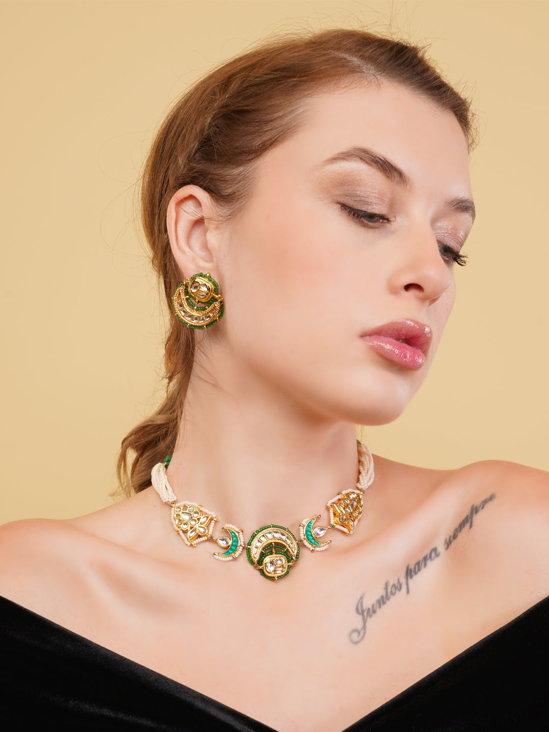 Kundan with Multi Shaped tikras Jewellery Set with adjustable dori