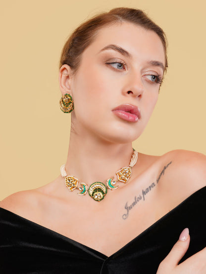Green and Gold Kundan with Multi Shaped tikras Jewellery Set with adjustable dori from Dugristyle Ruhaniyat By Dugran