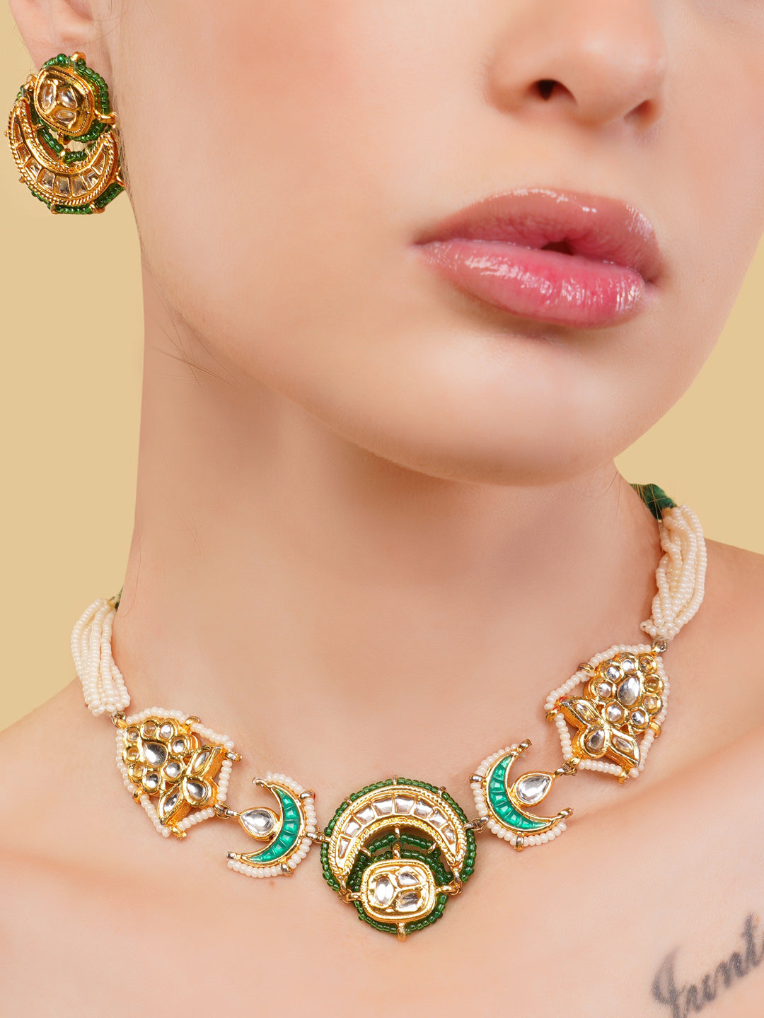 Green and Gold Kundan with Multi Shaped tikras Jewellery Set with adjustable dori from Dugristyle Ruhaniyat By Dugran