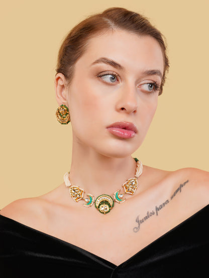 Kundan with Multi Shaped tikras Jewellery Set with adjustable dori