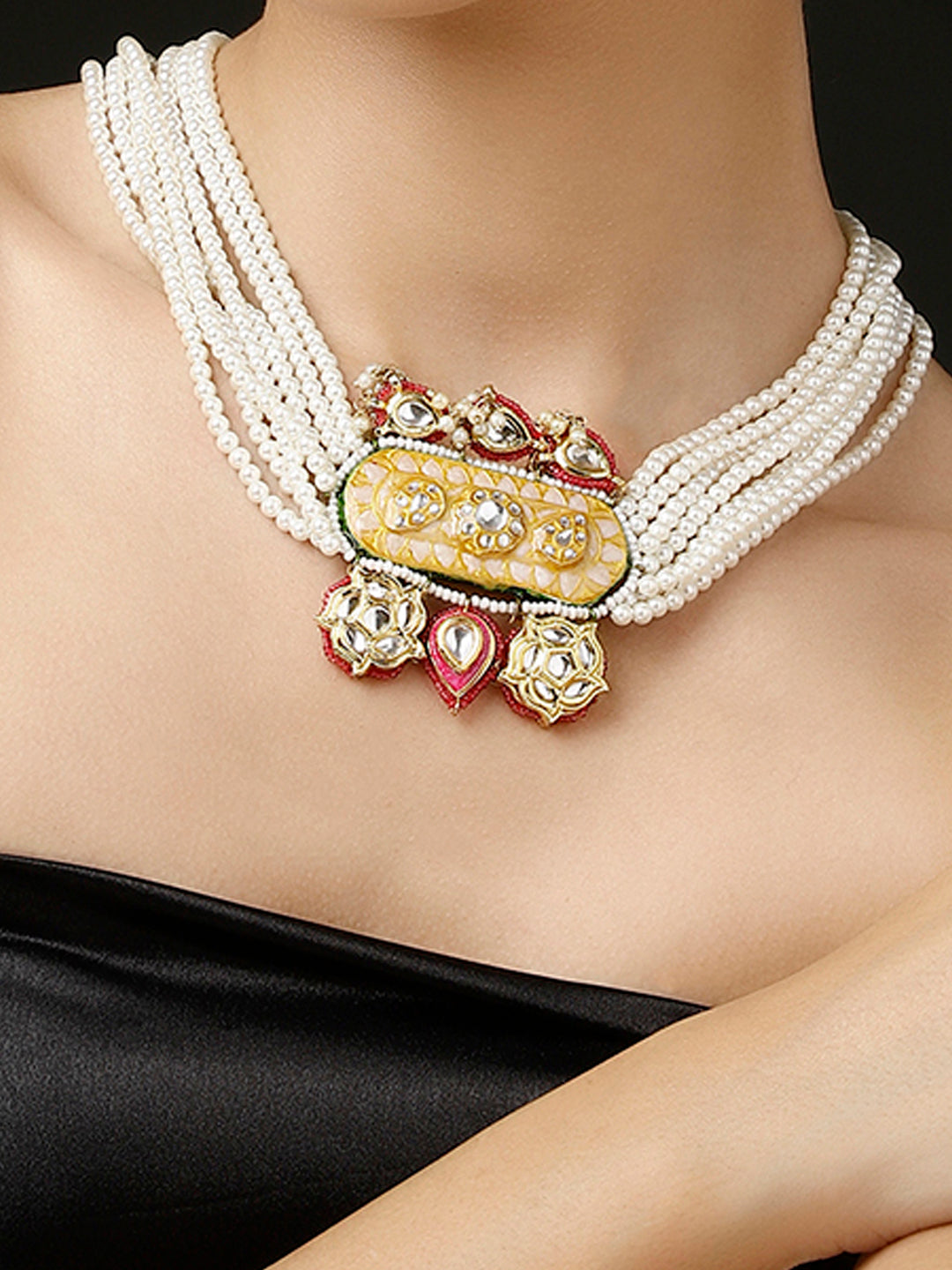 Meenakari Necklace with Adjustable Dori and Multi Color Pearl Hangings