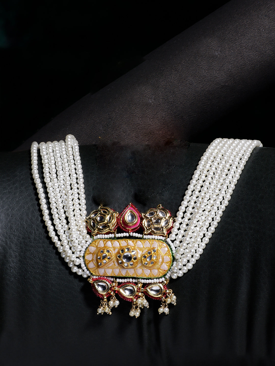 Meenakari Necklace with Adjustable Dori and Multi Color Pearl Hangings