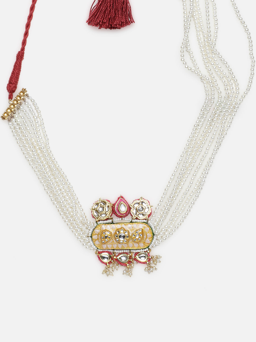 Meenakari Necklace with Adjustable Dori and Multi Color Pearl Hangings