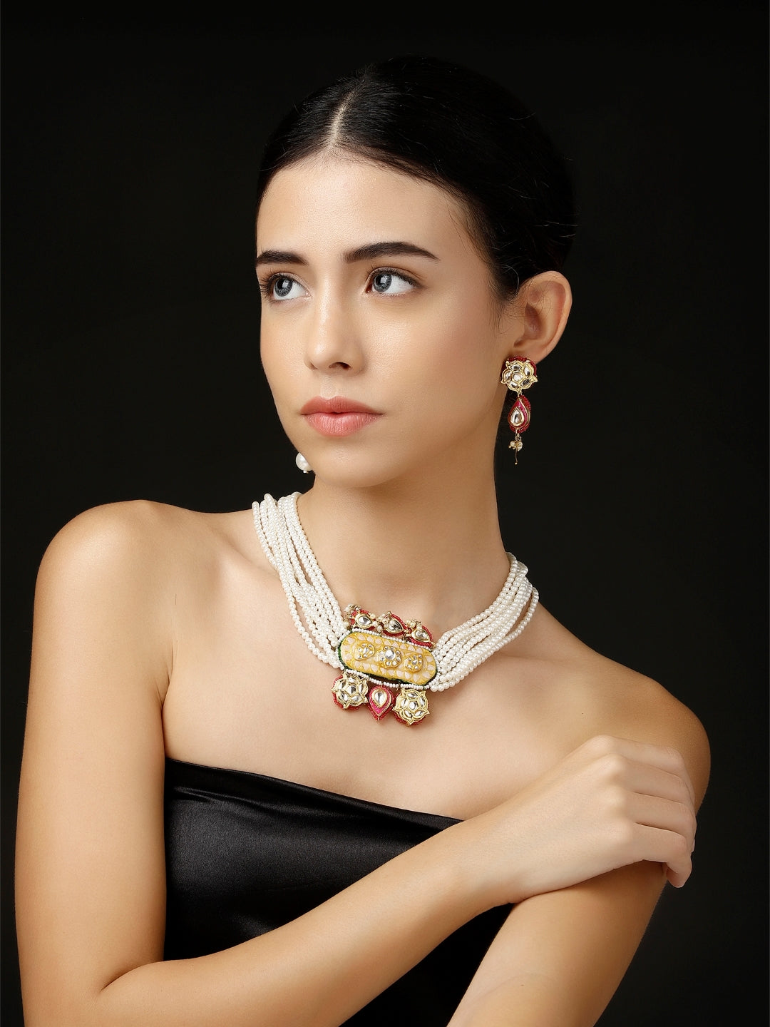 Meenakari Necklace with Adjustable Dori and Multi Color Pearl Hangings