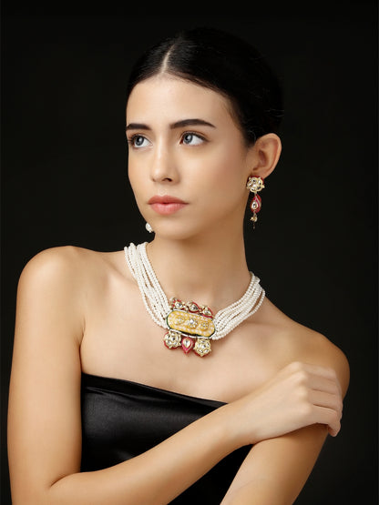 Meenakari Necklace with Adjustable Dori and Multi Color Pearl Hangings