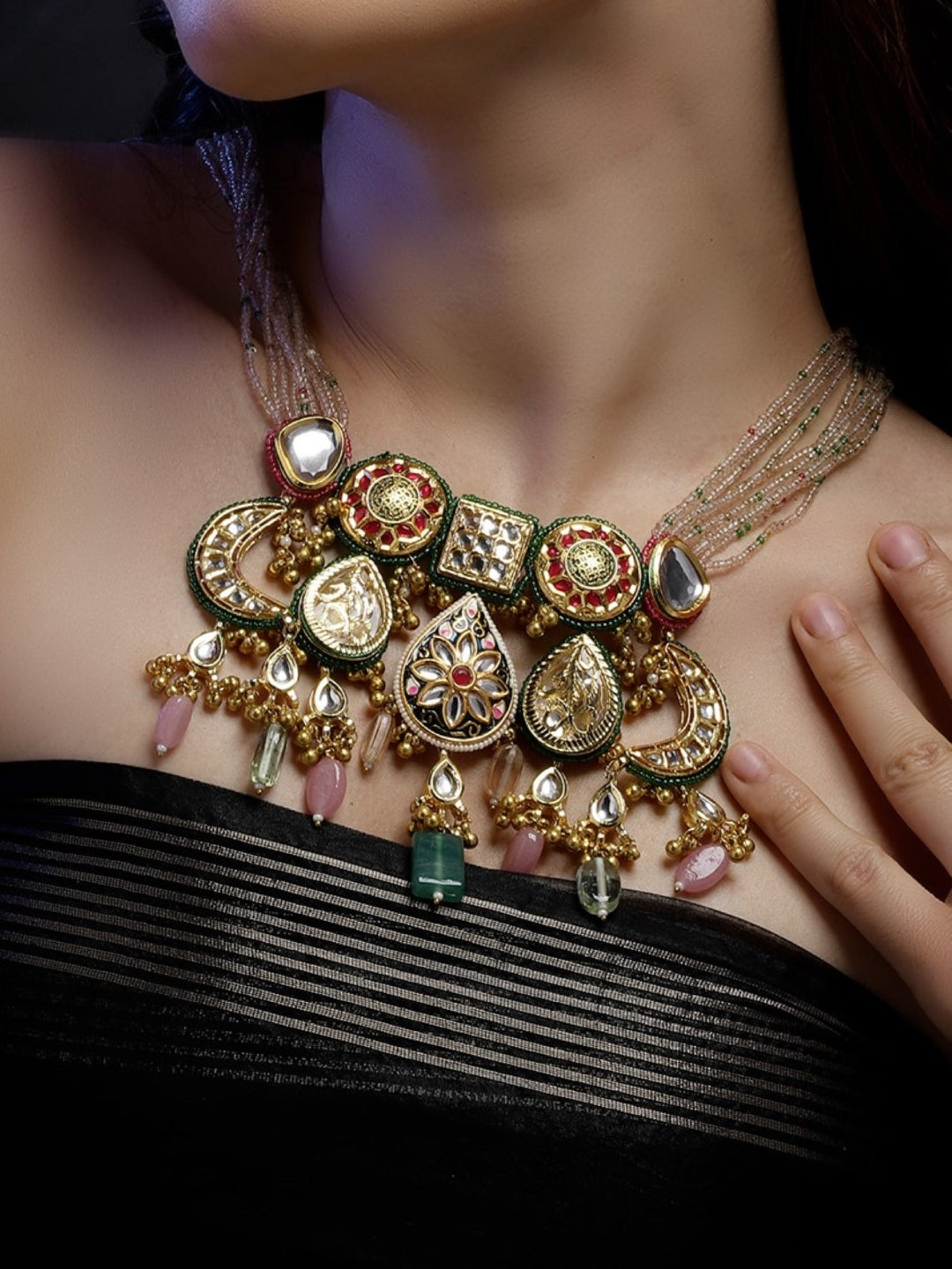 Multi shaped Kundan Necklace with meenakari touch and colorful hangings