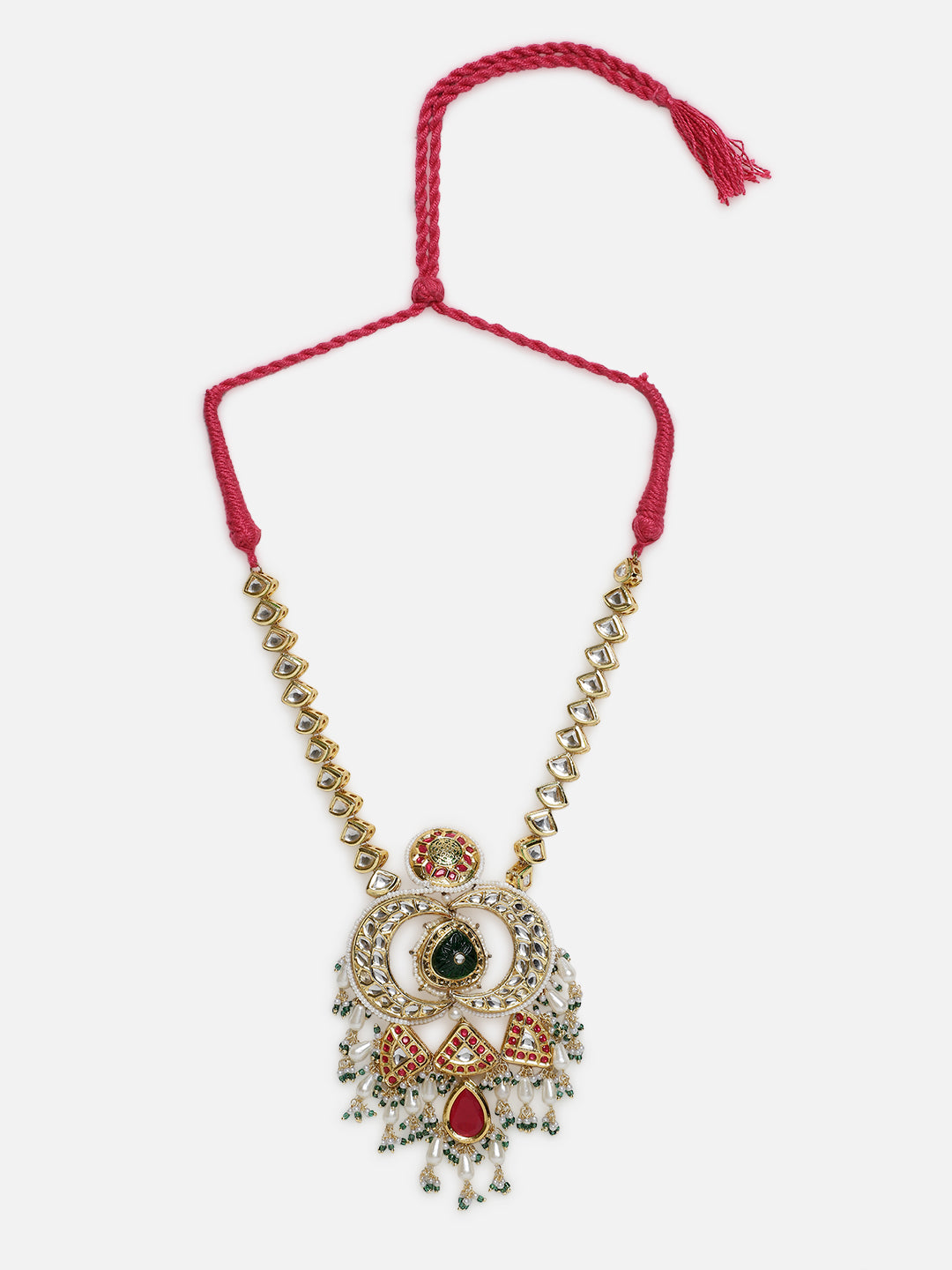 Multi shaped Kundan Necklace with Green Carved Stone and small Pearl hangings