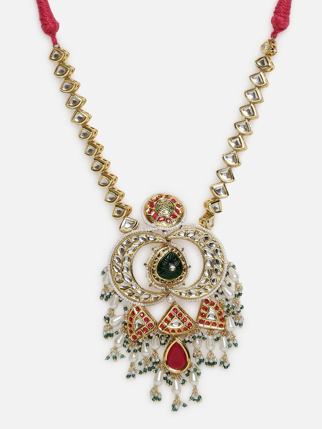 Multi shaped Kundan Necklace with Green Carved Stone and small Pearl hangings