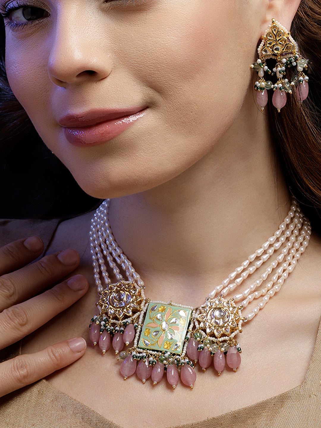Meenakari Necklace with Pearls String and Adjustable Dori and Circle Shaped Kundan 