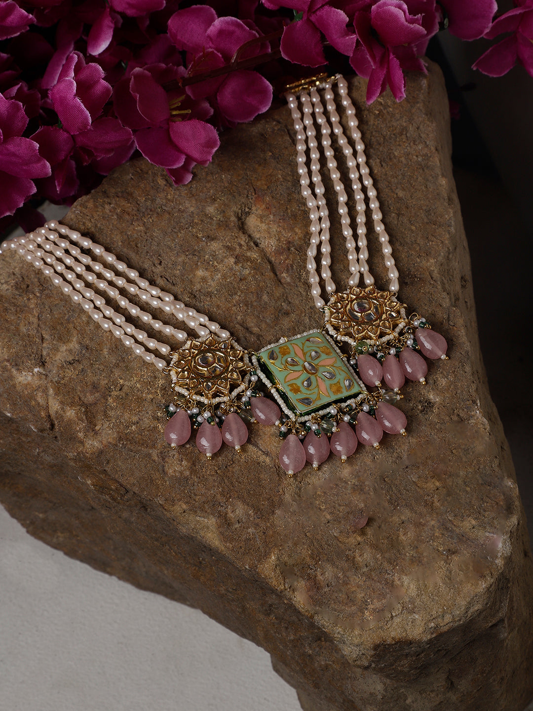 Green and Red Meenakari Necklace with Pearls String and Adjustable Dori and Circle Shaped Kundan  from Dugristyle Ruhaniyat By Dugran