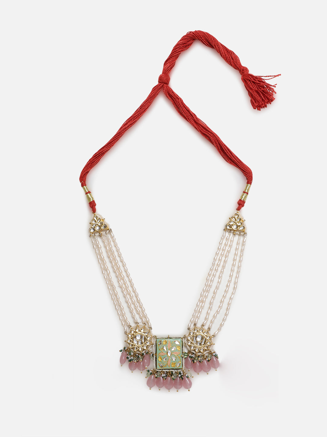 Meenakari Necklace with Pearls String and Adjustable Dori and Circle Shaped Kundan 